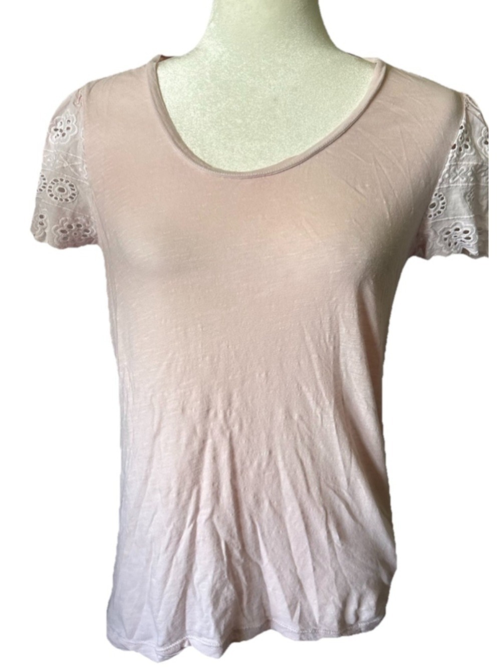 Lucky Brand Pink Cotton Slub T-Shirt Women Medium Eyelet Lace Short Sleeve FLAWS